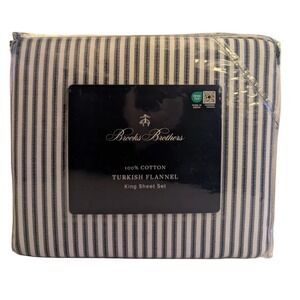 Brooks Brothers Turkish Flannel King Sheet Set 100% Cotton Blue White Stripe NWT